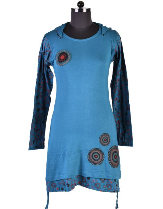 Petrolejové šaty s kapucí a dlouhým rukávem, Hamsa design, aplikace mandal