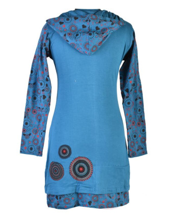 Petrolejové šaty s kapucí a dlouhým rukávem, Hamsa design, aplikace mandal