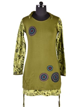 Khaki šaty s kapucí a dlouhým rukávem, Hamsa design, aplikace mandal