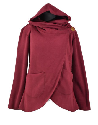 Vínový fleecový asymetrický kabátek s kapucí zapínaný na knoflík, vínová výšivka