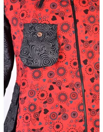 Červeno šedý kabátek s kapucí a asymetrickými zipy, Mix tisk, kapsy