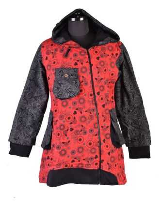 Červeno šedý kabátek s kapucí a asymetrickými zipy, Mix tisk, kapsy