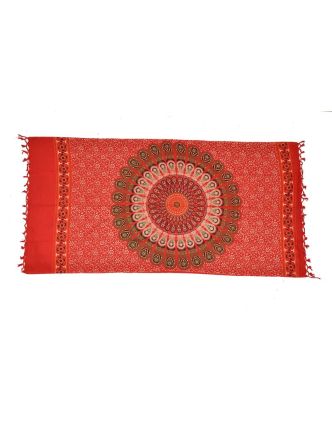 Červený bavlněný sárong s ručním tiskem, ornament, třásně, 110x170cm
