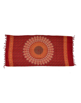 Červený bavlněný sárong s ručním tiskem, design páv, třásně, 110x170cm