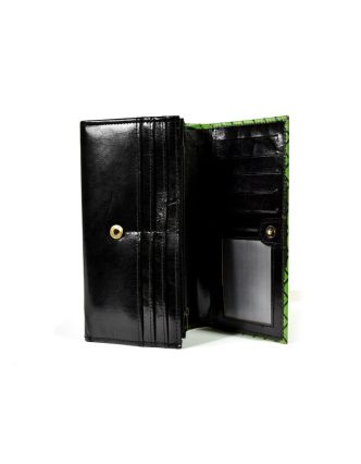 Velká kožená peněženka "Two owls", zeleno-černá, ručně malovaná, 20x11cm