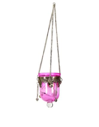 Závěsný skleněný svícen, růžový, kovové zdobení, 9x5,5cm