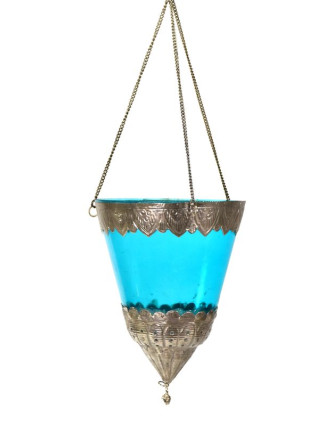 Závěsný skleněný svícen, modrý, kovové zdobení, 15x12cm