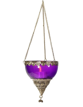 Závěsný skleněný svícen, fialový, kovové zdobení, 10x10cm