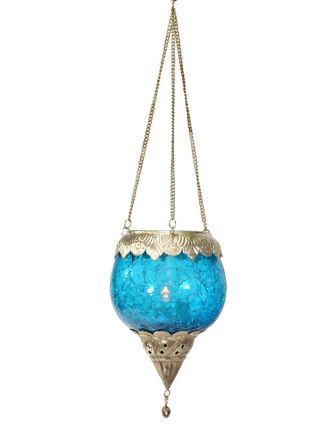 Závěsný skleněný svícen, modrý, kovové zdobení, 13x10cm
