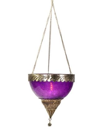 Závěsný skleněný svícen, fialový, kovové zdobení, 12x12cm