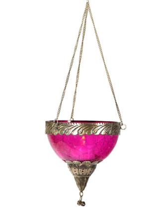 Závěsný skleněný svícen, růžový, kovové zdobení, 12x12cm