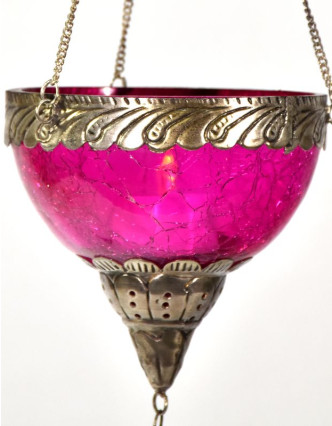 Závěsný skleněný svícen, růžový, kovové zdobení, 12x12cm