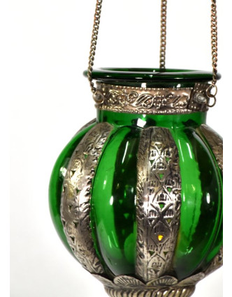 Kovová prosklená lampa v orientálním stylu, zelené sklo, ruční práce, 19x32