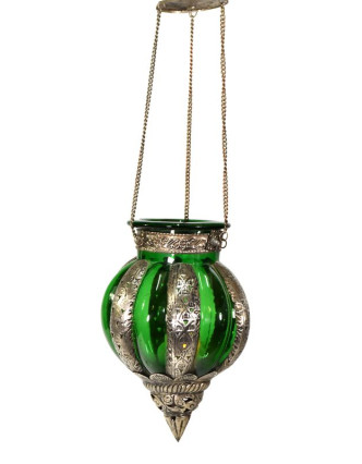 Kovová prosklená lampa v orientálním stylu, zelené sklo, ruční práce, 19x32