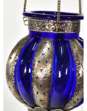 Kovová prosklená lampa v orientálním stylu, modré sklo, ruční práce, 19x32cm