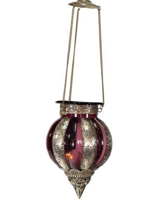 Kovová prosklená lampa v orientálním stylu, vínová barva, ruční práce, 19x32cm