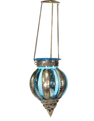 Kovová prosklená lampa v orientálním stylu, světle modrá, ruční práce, 19x32cm