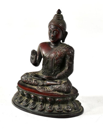 Buddha Amoghasiddhi, mosazná soška, měděná úprava, 15x11cm