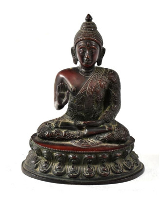 Buddha Amoghasiddhi, mosazná soška, měděná úprava, 15x11cm