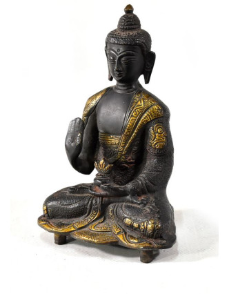 Buddha Amoghasiddhi, mosazná soška, zlatočerná úprava, 17x11cm