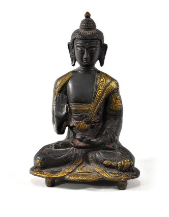 Buddha Amoghasiddhi, mosazná soška, zlatočerná úprava, 17x11cm