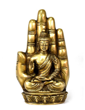 Buddha Amoghasiddhi v dlani, mosazná soška, zlatá úprava, 23x15cm