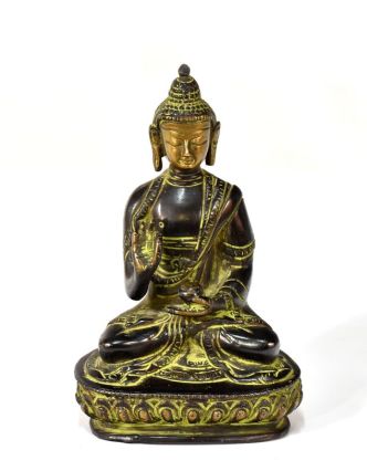 Buddha Amoghasiddhi, mosazná soška, zelená patina, 14x10cm