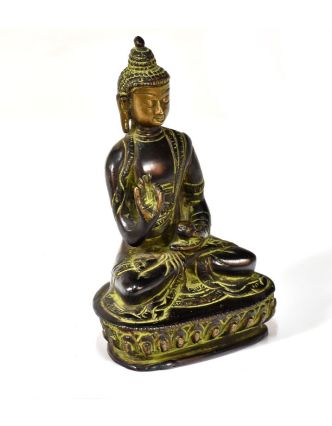 Buddha Amoghasiddhi, mosazná soška, zelená patina, 14x10cm