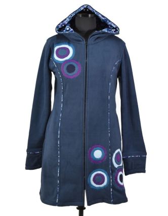 Fleecový kabátek s kapucí, modrý, fialové kruhové aplikace, Bubbles tisk, zapíná