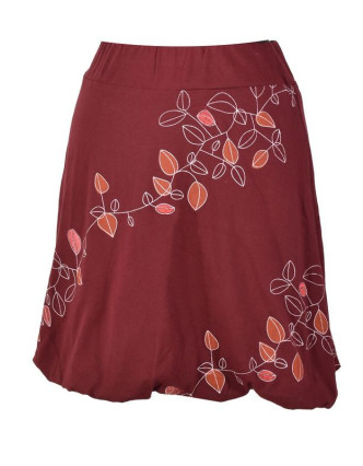 Krátká vínová balonová sukně, "Leaves" design, cihlový potisk a výšivka