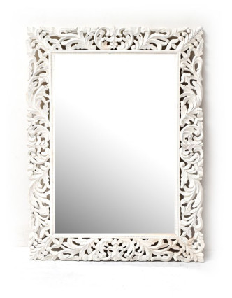 Bílé ručně vyřezávané zrcadlo z mangového dřeva, 90x120x4cm