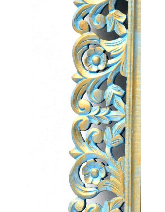Tyrkysové ručně vyřezávané zrcadlo z mangového dřeva, 86x117x4cm