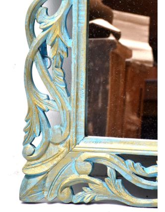 Tyrkysové ručně vyřezávané zrcadlo z mangového dřeva, 90x118x4cm