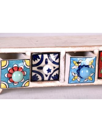 Skříňka, 5 keramické šuplíky, ručně malovaná, dřevo, 34x10x10cm