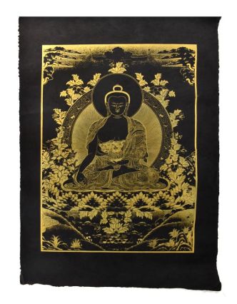Buddha Šákjamuni, zlatý tisk na černém papíru, 50x75cm