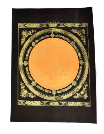 Kalačakra mandala, zlatý tisk na černém papíru, oranžová, 47x36cm