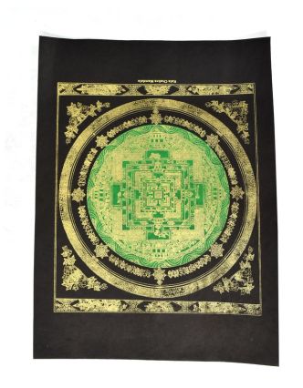 Kalačakra mandala, zlatý tisk na černém papíru, zelená, 47x36cm