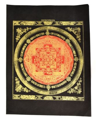 Kalačakra mandala červená, zlatý tisk na černém ručním papíru, 47x36cm