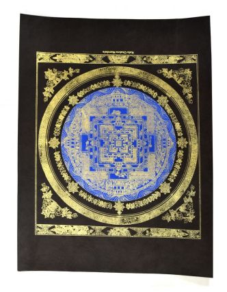 Kalačakra mandala modrá, zlatý tisk na černém ručním papíru, 47x36cm
