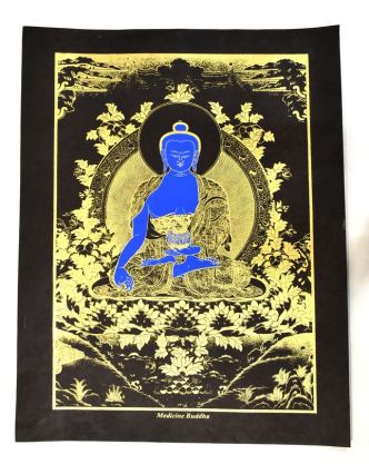 Buddha léčitel, "Medicine Buddha", zlatý tisk na ručním černém papíru, 47x36cm