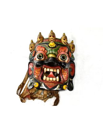 Bhairab, dřevěná maska, ručně malovaná, zdobená polodrahokamy, 37x33cm