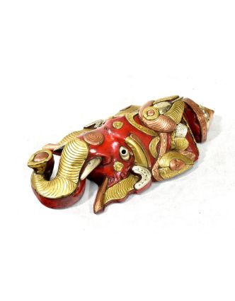 Ganeš, dřevěná maska, ručně malovaná, zdobená mosazným kováním, 31x15cm