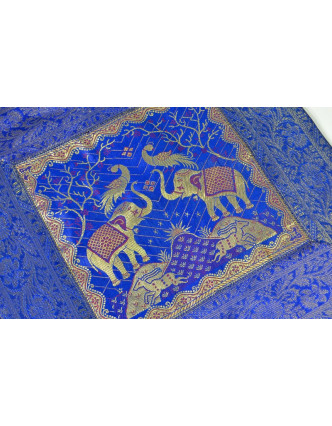 Povlak na polštář, modrý, dva sloni, bohatá zlatá výšivka, 40x40cm