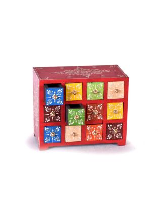 Dřevěná skříňka s 12 šuplíky, ručně malovaná, červená, 25x14x21cm