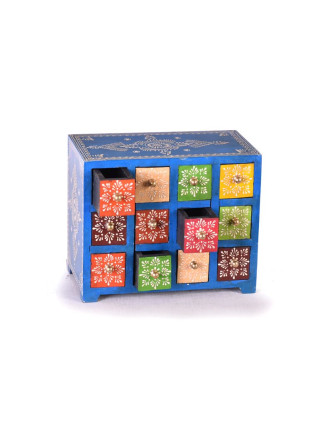 Dřevěná skříňka s 12 šuplíky, ručně malovaná, modrá, 25x14x21cm