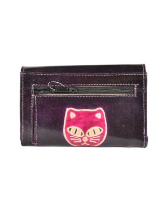 Peněženka, tmavě fialová malovaná kůže, kočka, 10x15cm