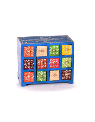 Dřevěná skříňka s 12 šuplíky, ručně malovaná, modrá, 25x14x21cm