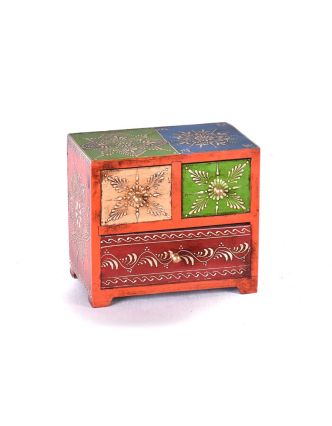 Dřevěná skříňka se 3 šuplíky, ručně malovaná, oranžová, 20x12x18cm