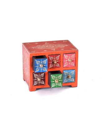 Dřevěná skříňka s 6 šuplíky, ručně malovaná, oranžová, 19x14x15cm