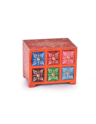 Dřevěná skříňka s 6 šuplíky, ručně malovaná, oranžová, 19x14x15cm